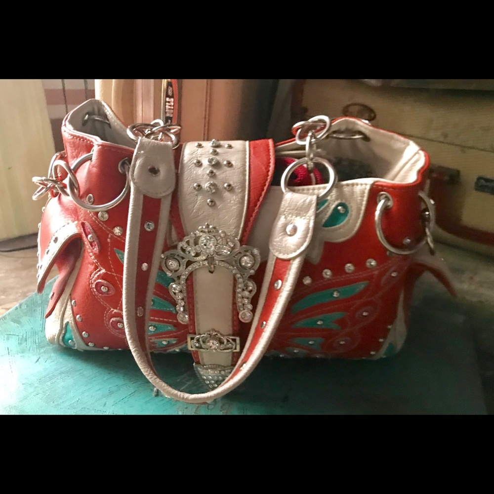 Darling orange, cream and torquois purse w/ bling - Picture 2 of 8